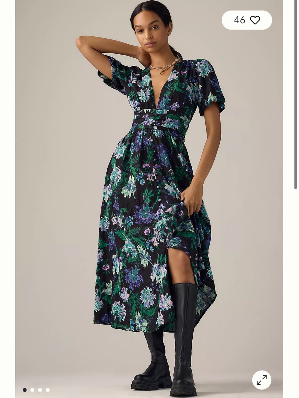 By Anthropologie Puff Sleeve V-Neck Floral Midi Dress Black XXS